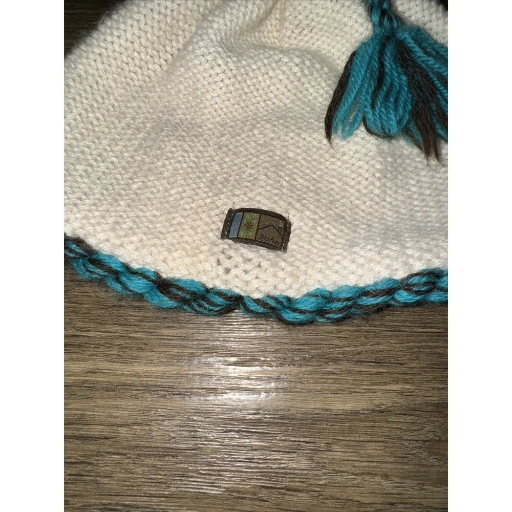 Dohm Icebox Beanie Hat Alpaca Tassel Dragonfly Ivory Teal Winter Lined USA OS